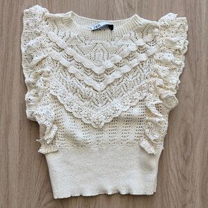 Zara Ivory Pointelle Ruffled Knit Sleeveless Top